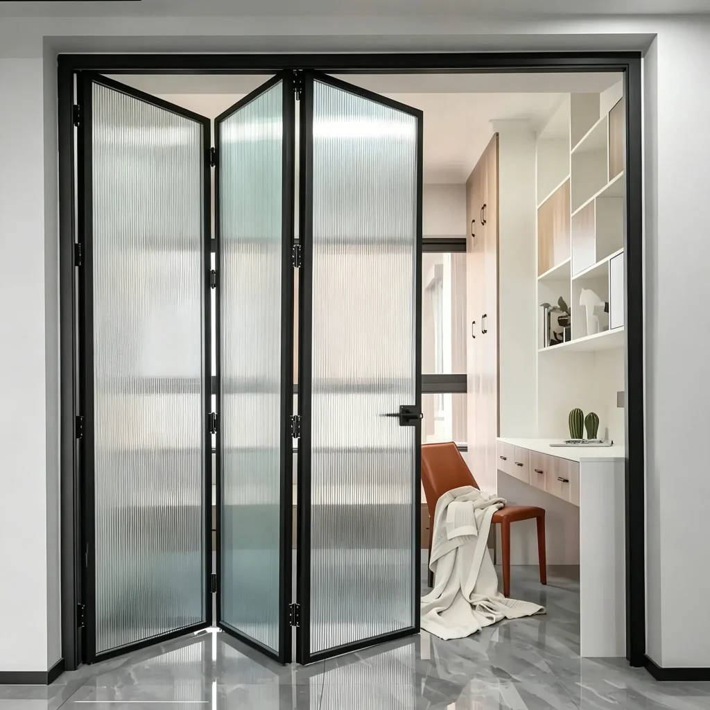 Black-framed folding glass panels partly open in an interior doorway