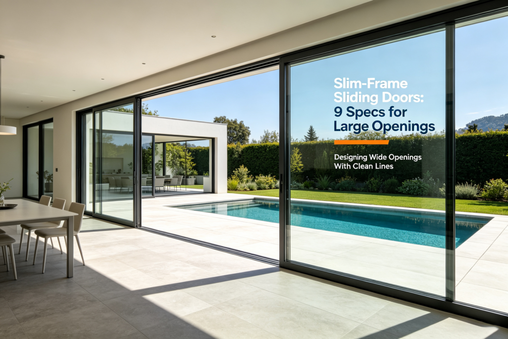 Slim-frame aluminum sliding doors opening to a modern pool terrace
