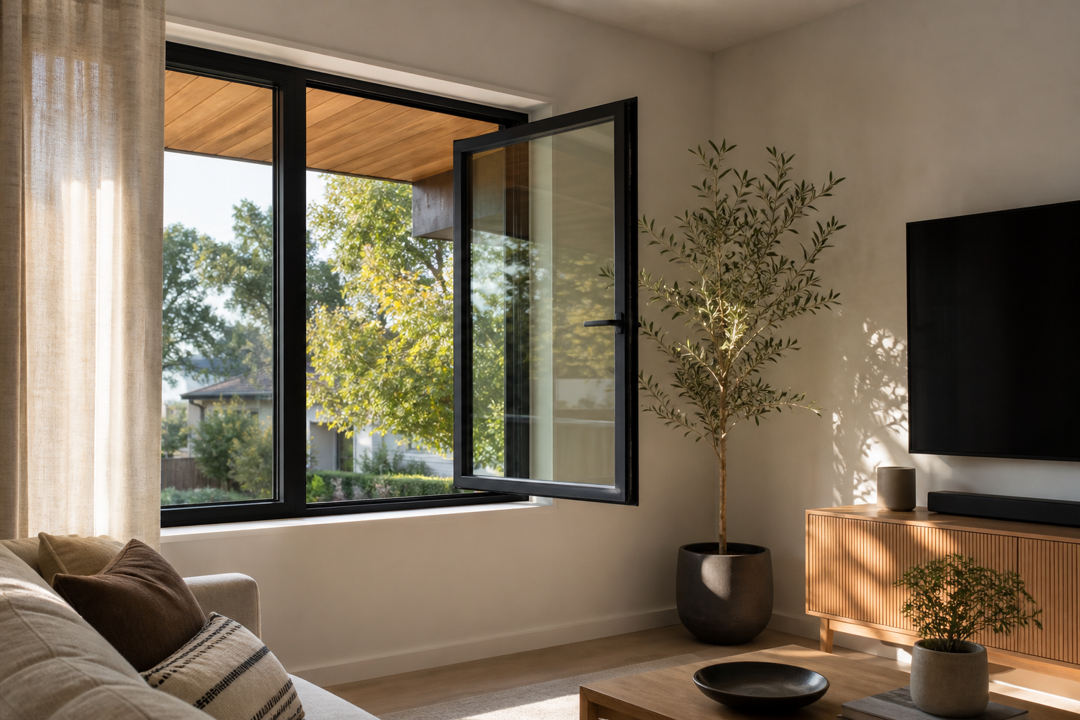 Open aluminum casement window with exterior overhang and interior curtain controlling afternoon sun