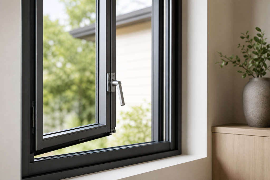 Partially open aluminum casement window with visible handle and insulated glazing