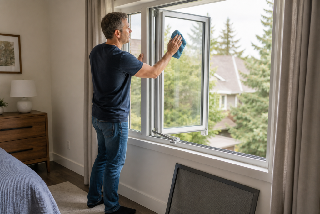Homeowner cleaning reachable glass on an outward-opening casement window from indoors