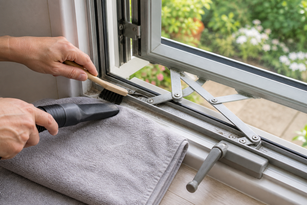 Close view of casement window hinge arms and operating hardware