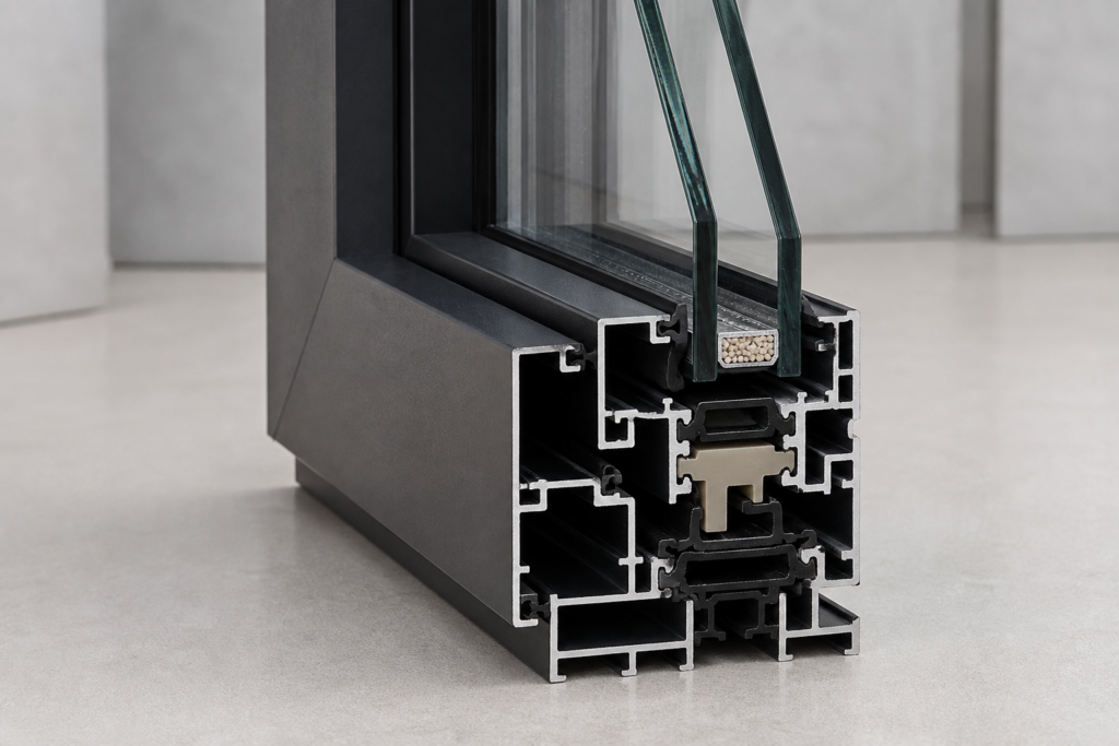 Cutaway view of an aluminum casement window frame with insulated glazing