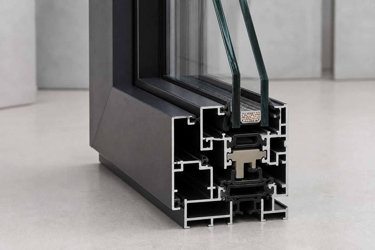 Cutaway of an aluminum casement window frame with thermal break and insulated glazing