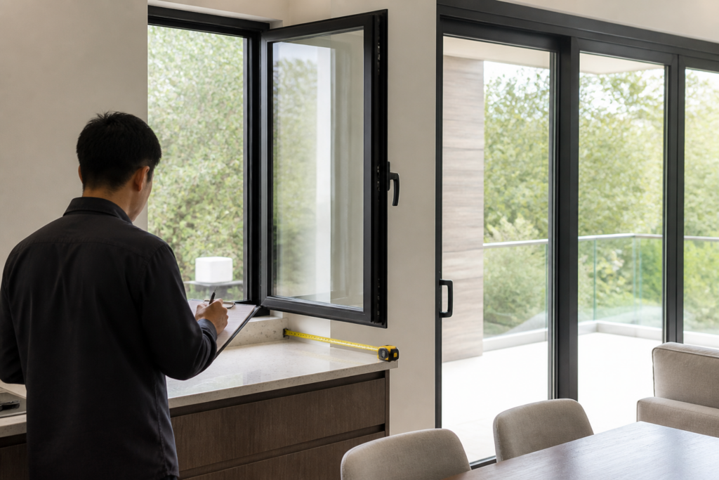 Professional reviewing operating clearance around an aluminum casement window