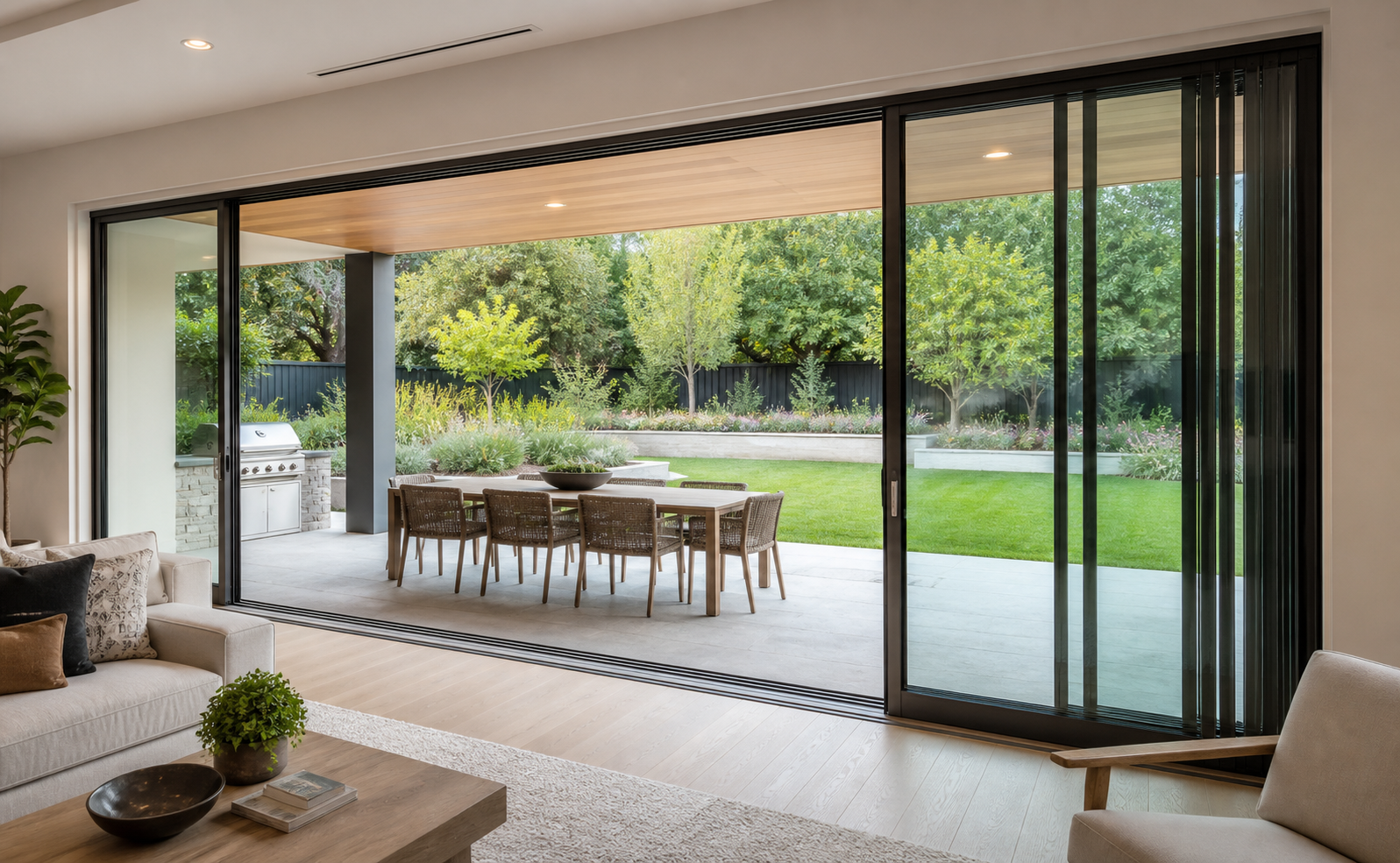 Wide patio opening with multi-slide glass door panels stacked parallel at one side