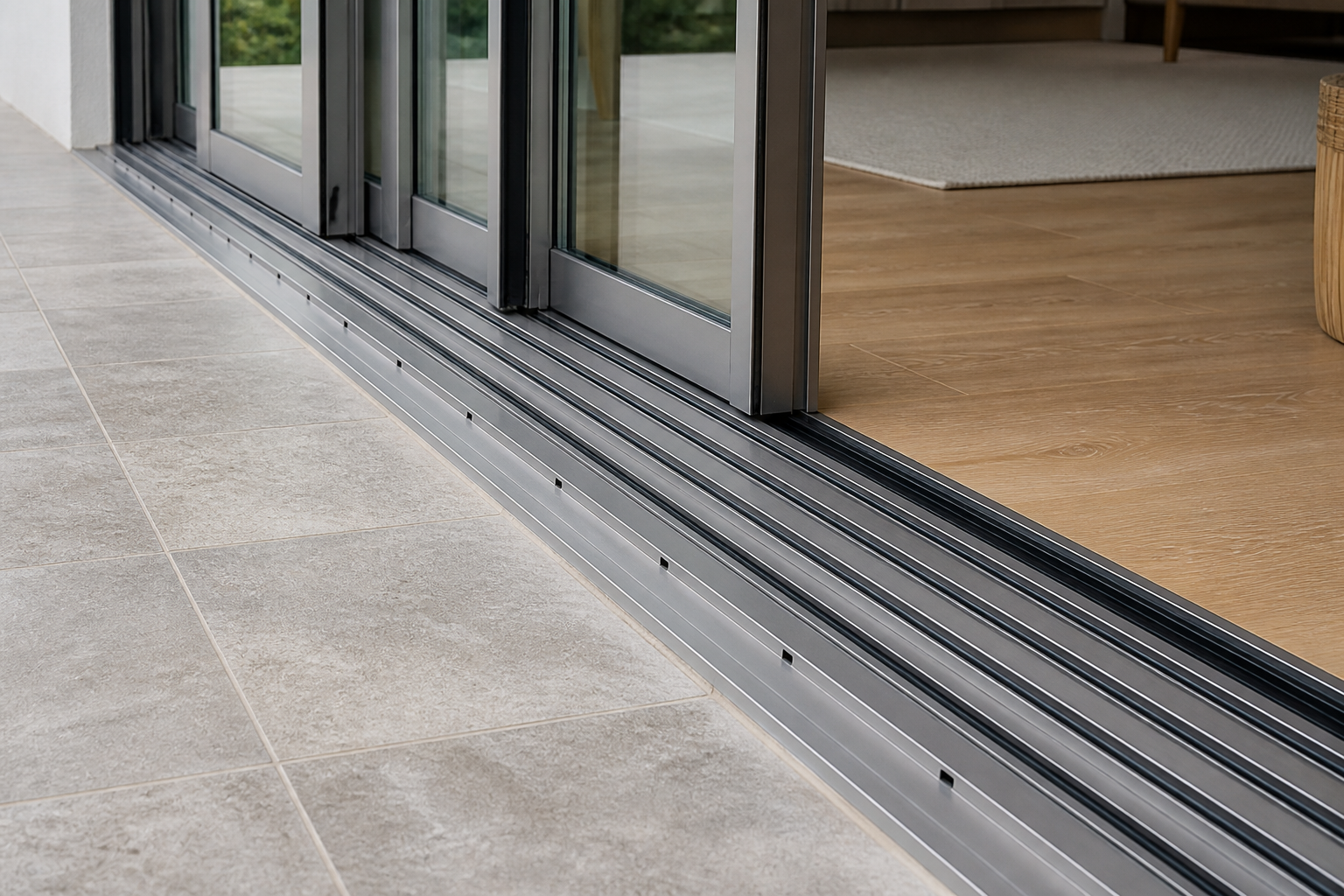 Close view of parallel aluminum tracks, weather seals, and drainage slots at a multi-slide door sill