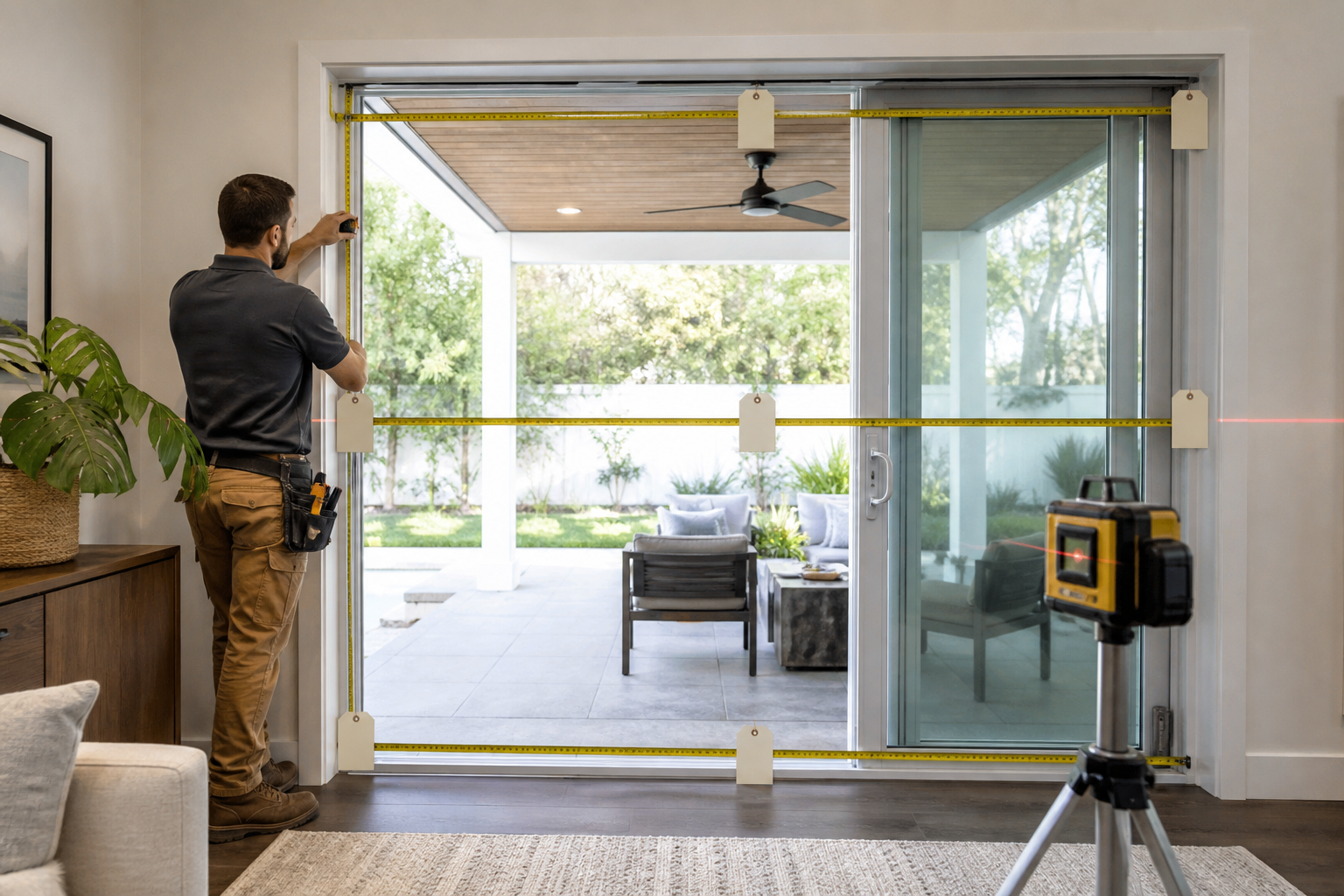 Installer measuring a patio door opening with tape measure and laser level