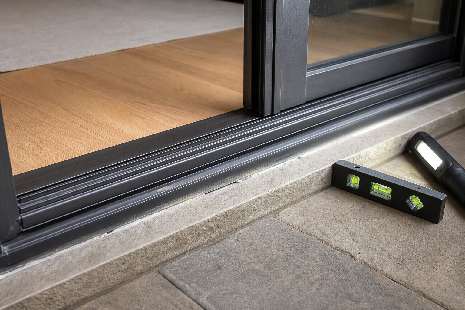 Close inspection of an aluminum sliding door threshold, track and exterior drainage interface